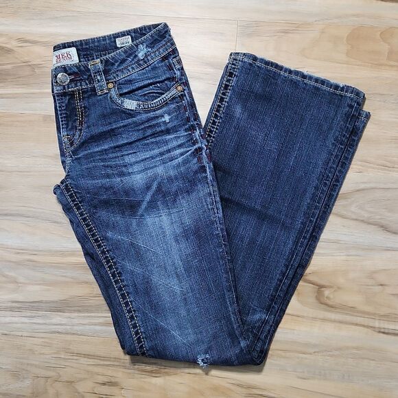 💜MEK Blue Zanzibar Distressed Boot Cut Jeans Size 6/28 - Picture 1 of 14